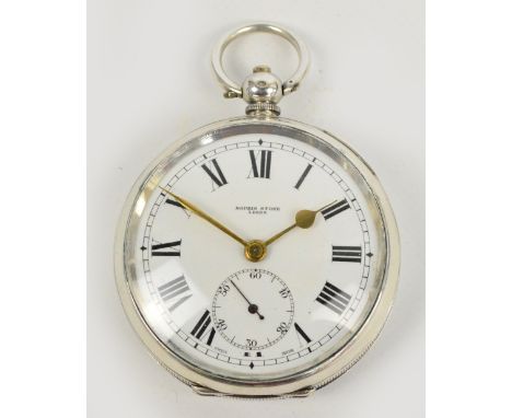 A late Victorian key wind silver open face pocket watch, the white enamel dial set with Roman numerals and subsidiary seconds