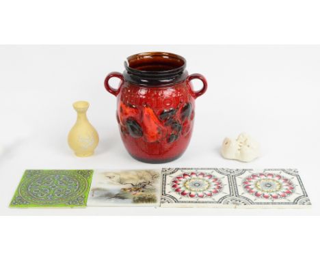 A small group of ceramics, comprising four tiles including an H&R Johnson Ltd example and a Japanese hand painted example, a 