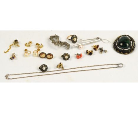 A collection of costume jewellery comprising eight various pairs of ear studs, a pair of marcasite and pearl initiation clips