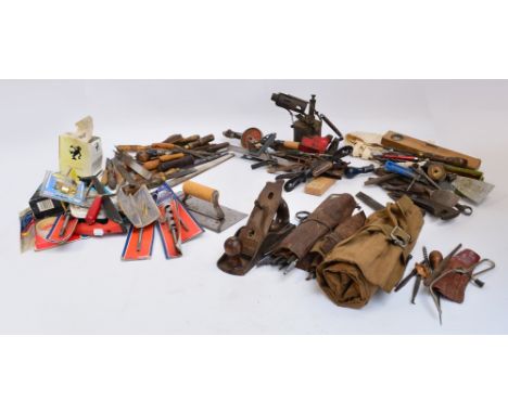Five boxes of woodworking tools including drills, chisels, saw, drill bits etc.