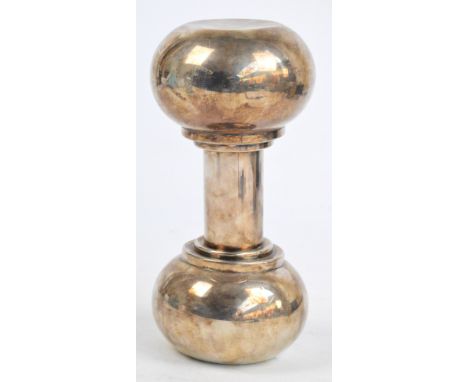 ASPREY; a 1930s Art Deco novelty cocktail shaker in the form of a dumb bell, the screw cap with integral domed sifting sectio