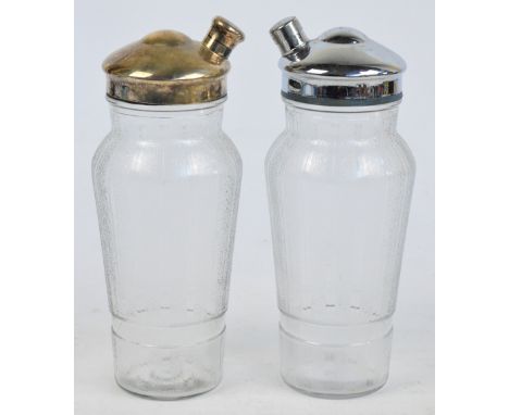 A very near pair of French Art Deco glass chrome and plate mounted cocktail shakers, each with angled spout with lift-off cap