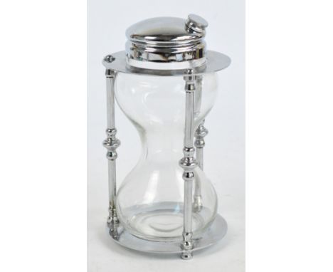 A novelty Art Deco chrome and glass cocktail shaker in the form of an egg timer, the top with screw cap, shaped glass body an