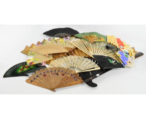 A collection of vintage and modern fans including examples with lacquered sticks, bone sticks, wood sticks, with painted fabr
