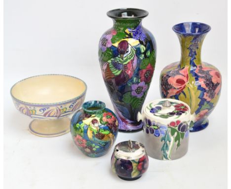 A mixed lot of decorative ceramics comprising a Moorcroft "Pansies" preserve jar with plated cover (af), a biscuit jar and co