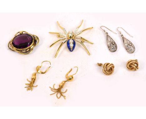 A mixed lot of jewellery comprising two pairs of 9ct gold earrings, approx 7.8g, a decorative spider brooch, a pair of white 