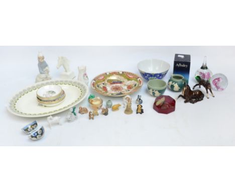 A group of decorative ceramics including a 19th century shallow bowl, a Lladro figure of a girl seated with a lamb, a Royal W