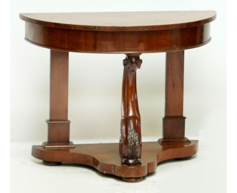 A Victorian mahogany demi-lune console table raised on scrolling cabriole front leg, width 92cm.