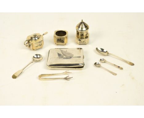 A small quantity of hallmarked silver items comprising a small pair of claw sugar tongs, Viners, Sheffield 1937, a teaspoon w