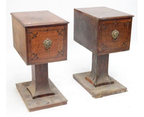 A pair of Regency mahogany veneered pedestals, one with deep drawer, the other with cupboard door with lion mask and loose ri