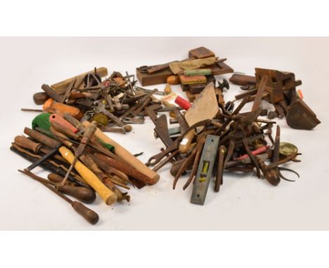 Five boxes of woodworking tools including planes, clamps, mallets etc.