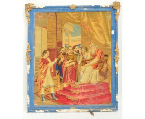 A Victorian woolwork tapestry picture depicting figures before a king.