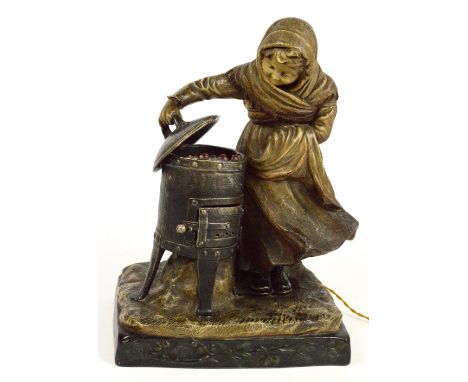 JOHANN MARESCH; a c.1900 painted terracotta figural table lamp designed by August Otto, modelled as a young woman lifting the