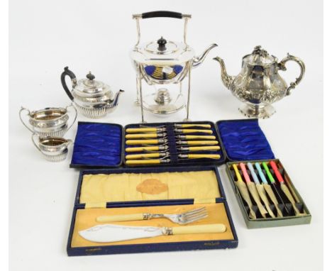 A mixed lot of electroplated items including a bachelor's three piece tea service, a spirit kettle and burner on stand, a Vic