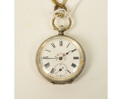 A Swiss 800 standard silver cased ladies manual wind pocket watch with bright cut foliate scroll decoration and vacant cartou