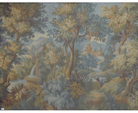An early 20th century French tapestry depicting a chateau within a landscape, 143 x 200cm. CONDITION REPORT: Machine woven. S