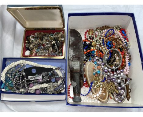 SHOE BOX OF VARIOUS COSTUME JEWELLERY, BEADS, WRIST WATCHES, CUFF LINKS, AND A FAGEN HUNTING SCOUT KNIFE, ETC