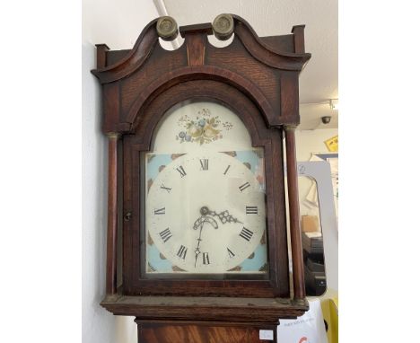19TH CENTURY LONG CASE CLOCK WITH PAINTED ENAMEL ARCHED DIAL IN AN OAK AND INLAID CASE