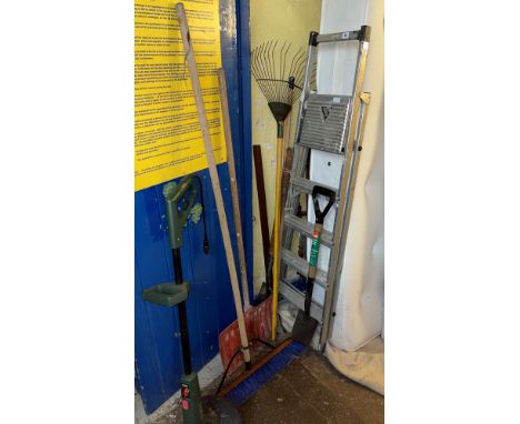 ALUMINIUM STEP LADDERS, GARDEN HAND TOOLS, BROOM AND STRIMMER