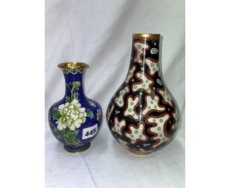 CLOISSONNE ENAMEL BALUSTER CHRYSANTHEMUM VASE AND A CLOISONNE BOTTLE SHAPED VASE WITH ABSTRACT PATTERN ON A BLACK GROUND