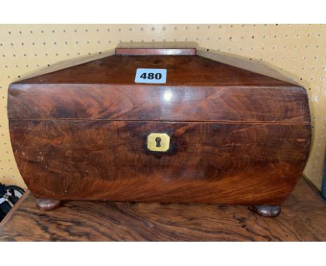 REGENCY MAHOGANY SARCOPHAGUS SHAPED TEA CADDY WITH LIONS MASK HANDLES