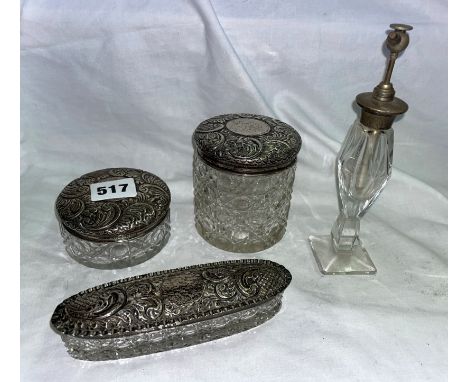 SILVER TOPPED CIRCULAR GLASS DRESSING TABLE JARS A LOZENGE SHAPED BOX, AND ART DECO ATOMIZER 