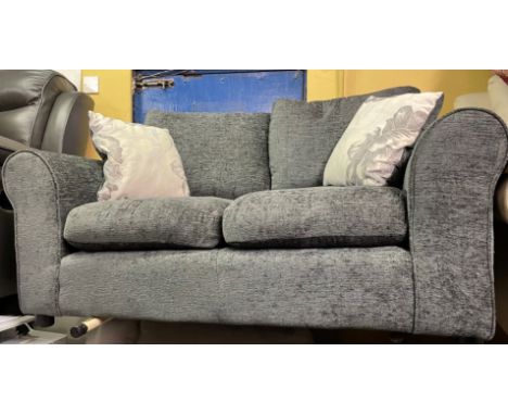 GREY CHENILLE TWO SEATER SOFA AND ARMCHAIR WITH SCATTER CUSHIONS 