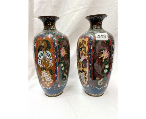 PAIR OF JAPANESE CLOISSONNE ENAMEL TAPERED HEXAFORM VASES DECORATED WITH DRAGONS AND BIRDS A/F 24.5CM H
