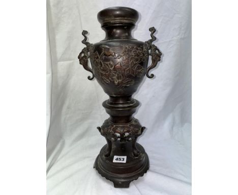 JAPANESE BRONZE TWIN HANDLED OVOID VASE ON ELEPHANT FACE TRIFORM BASE WITH COVER (FINIAL MISSING) 37CM H