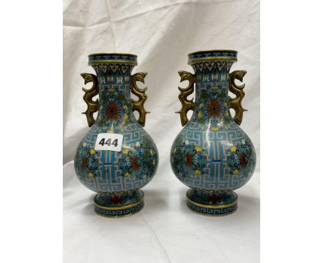 PAIR OF CHINESE CLOISONNE ENAMEL TWIN HANDLED HU SHAPED VASES DECORATED WITH FLOWERS 20CM H