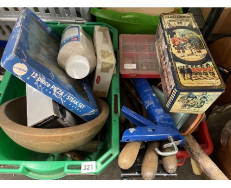 BOX OF VARIOUS TOOLS, IRONMONGERY AND OTHER ITEMS