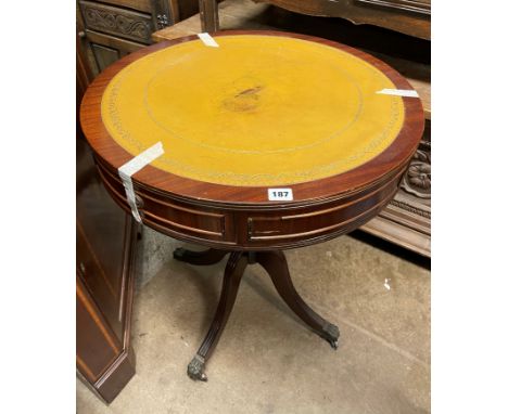 REPRODUCTION MAHOGANY LEATHER TOPPED TRIPOD DRUM TABLE