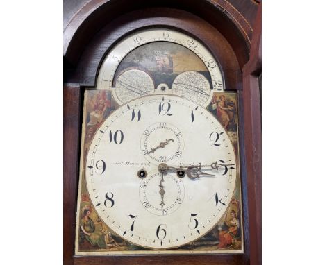 EARLY 19TH CENTURY LONG CASE CLOCK WITH PAINTED ARCHED ENAMEL DIAL WITH MOON ROLLER PHASE, TWO SUBSIDIARY DIALS, PAINTED SPAN