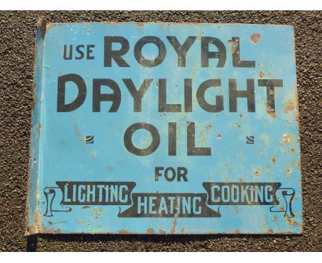ENAMEL DOUBLE SIDED 1930'S ADVERTISING SIGN USE ROYAL DAYLIGHT OIL FOR LIGHTING, HEATING, COOKING APPROX. 22 INS X 18 INS