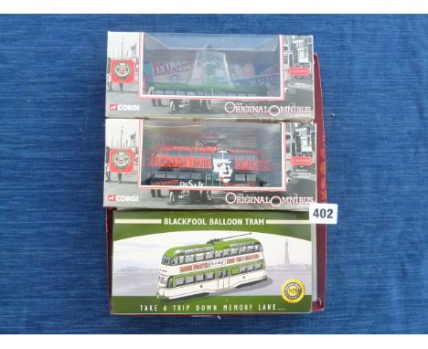 CORGI, 2 BOXED TRAMS 44002 TERROR TRAM, 43514 BRUSH RAILCAR 631, PLUS ATLAS BALLOON TRAM CAR