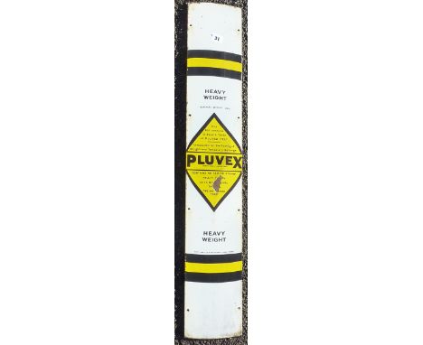 ENAMEL ADVERTISING SIGN PLUVEX FELT HEAVY WEIGHT. APPROX. 36 INS. X 7 INS.