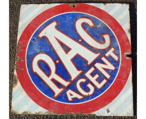 ENAMEL ADVERTISING SIGN, SQUARE SIGN APPROX. 20 INS WITH CIRCULAR RAC AGENT, WITH RED BORDER, WHITE WRITING ON BLUE BACKGROUN