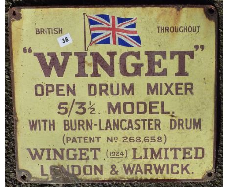 ENAMEL SIGN WINGET OIL DRUM MIXER APPROX. 19 INS. X 16.5 INS.
