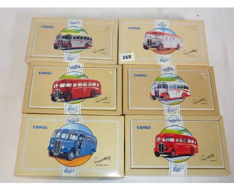 CORGI 6 BOXED AEC REGAL BUSES : 97191 ROSLYN ( LTD EDITION) , 97193 CARNEY, 97194 HARDINGS, 97187 HANSON, 97184 &amp; 97186  