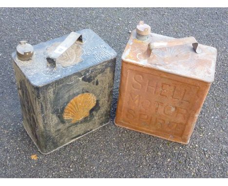 2 OLD PETROL CANS - SHELL WITH GOLD SHELL IMAGE &amp; SHELL MOTOR SPIRIT