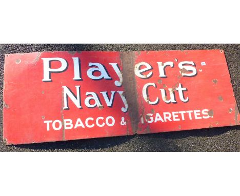 ENAMEL ADVERTISING SIGN, IN RED, PLAYERS NAVY CUT TOBACCO &amp; CIGARETTES . APPROX. 58 INS. X 22 INS HAS BEEN FOLDED