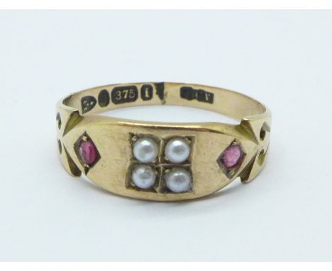 A late Victorian 9ct gold, ruby and pearl ring, Chester 1892, 1.8g, O 