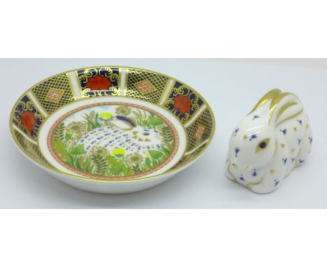 A Royal Crown Derby Rabbit with silver stopper and 1999 Year Tray Rabbit, First Edition 