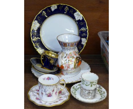 A collection of Royal Crown Derby; vase, Royal Antoinette cup and saucer, Derby Posies and Vine Cobalt plate, two other coffe