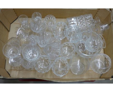 A box of mixed glass including decanter, brandy glasses, Champagne coupes, etc. **PLEASE NOTE THIS LOT IS NOT ELIGIBLE FOR PO