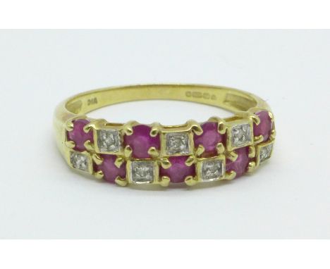 A 9ct gold, ruby and diamond ring, 2.1g, P 