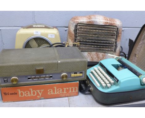 An Electrical Audio Reproducers All Transistor Radio-Pakagram, two heaters, a typewriter, a Tri-onic baby alarm and a Westclo