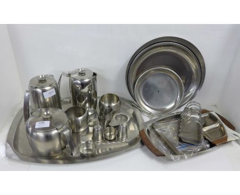 An Old Hill stainless steel tea and coffee service with tray, a collection of other stainless steel items including a two tie