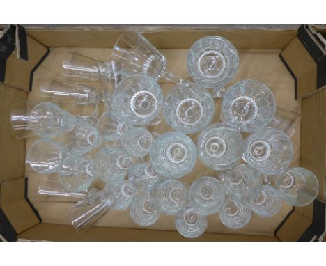 A collection of thirty-three French glasses, 15 Champagne glasses, 7 wine, 8 sherry/port and 3 stemmed lager glasses **PLEASE