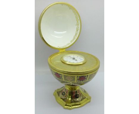 A Royal Crown Derby Millennium Globe Clock, 170 of 1000, signed by Louise Adams and F J Sinclair, boxed with certificate 